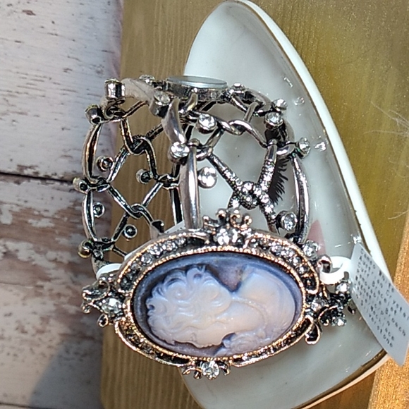 Blue Cameo Austrian Crystal Cuff Bracelet Magnet Pin Necklace Broach Silver - Picture 2 of 9